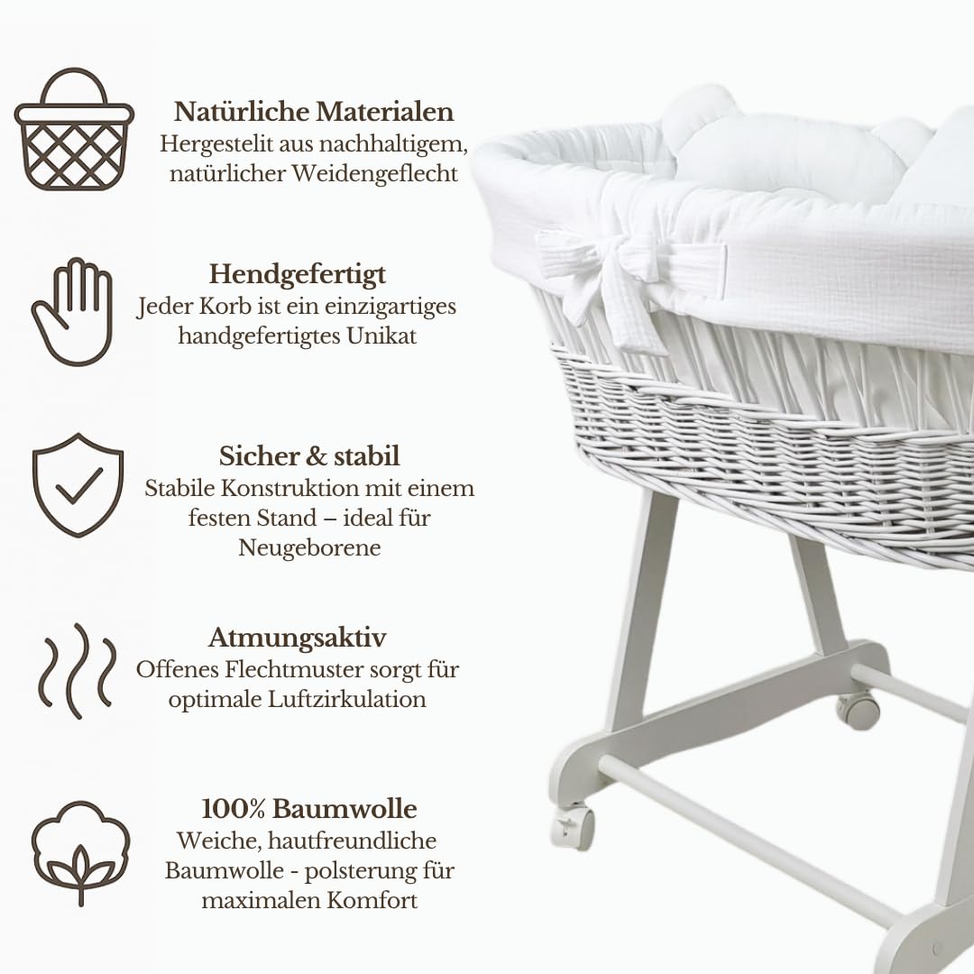 WIKLINOPOL Moisés Bebé con Ruedas y Freno – Cesta de Mimbre Natural con Colchón y Ropa de Cuna de Algodón 100% Oeko-Tex en Blanco– Set Completo para Recién Nacidos – Modelo Amelia