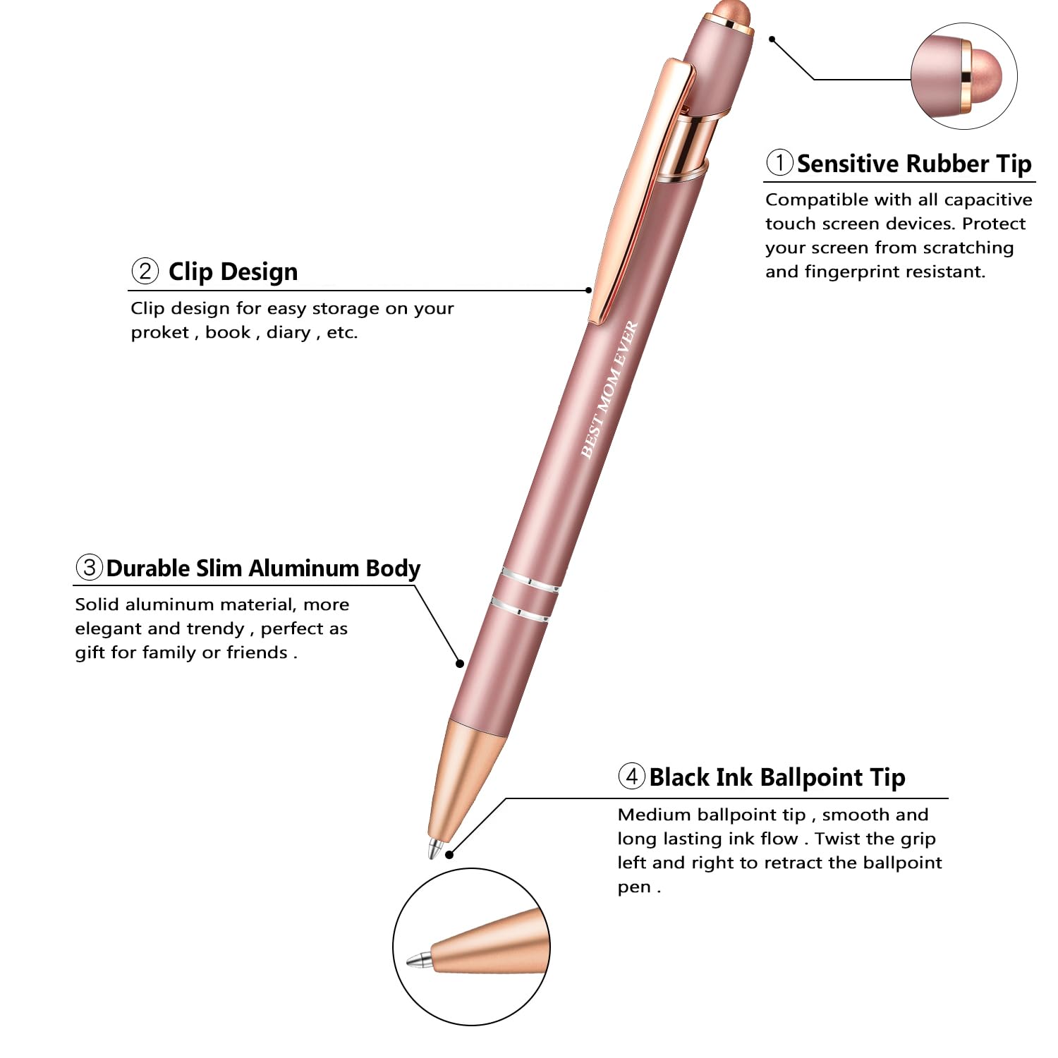 Aozora 9 Pack Ballpoint Pens Smooth Writing 2-in-1 Stylus Retractable Ballpoint Pen with Stylus tip Office Decor Metal — view 2