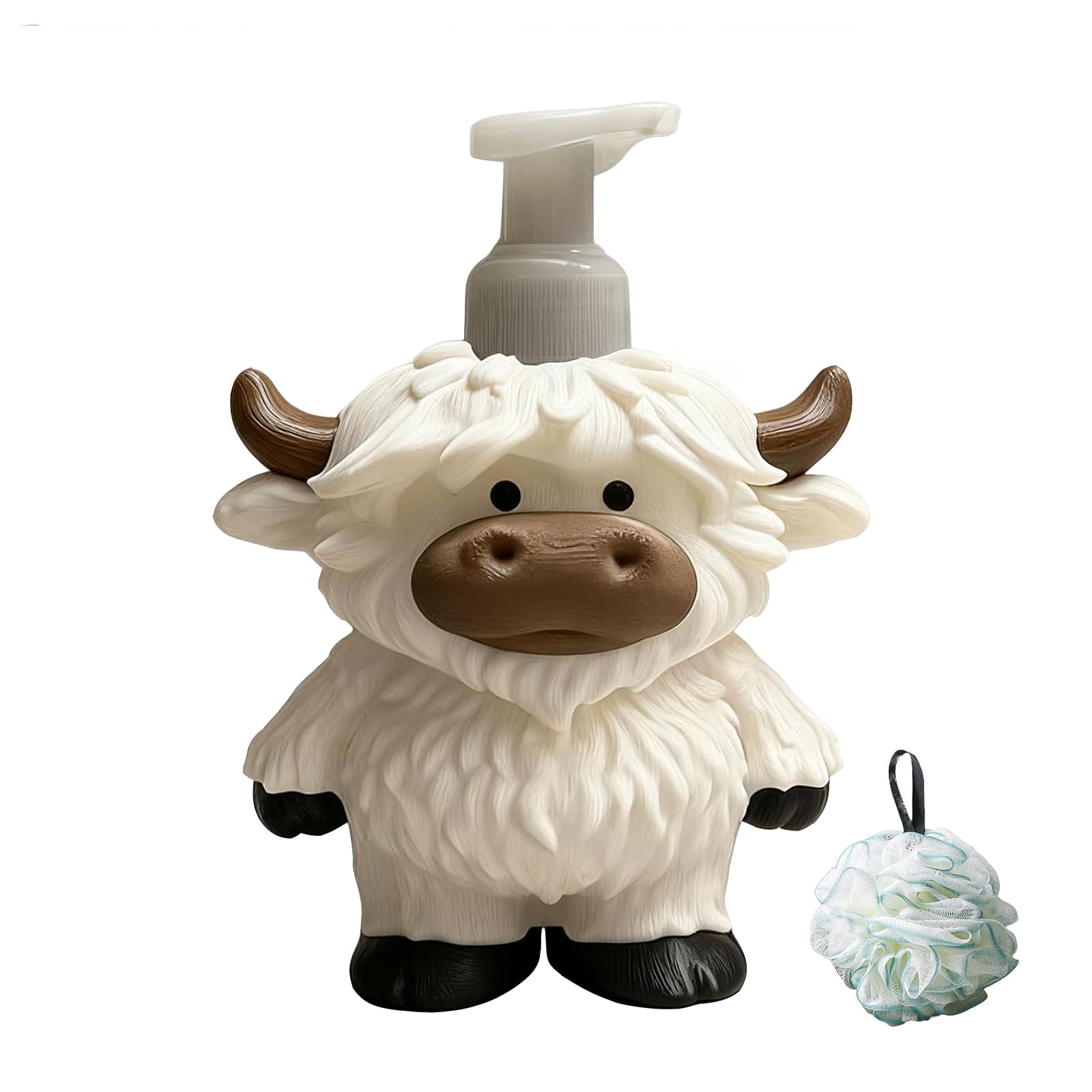 Guuzetu White Adorable Highland Cow Bottle, 3D Printed Farmhouse Cow Decor Soap Bottle Stand, Animal Shaped Soaps Dispenser, Cute Liquid Soap Pump Organizer, For Home, Bathroom Countertop (White)