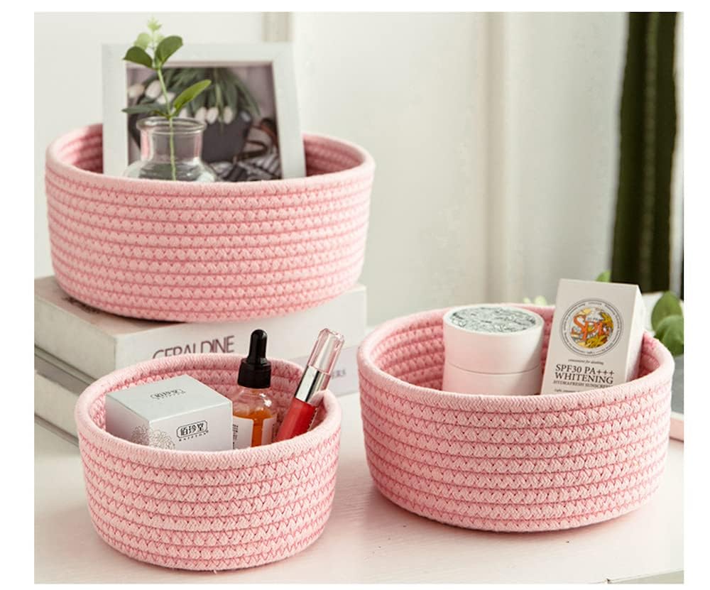 Duories 1 panier de rangement rond en corde de coton tressé, organisateur de commode à langer, organisateur de salle de bain, pour chambre de bébé, chambre à coucher, salon, chambre à linge, rose