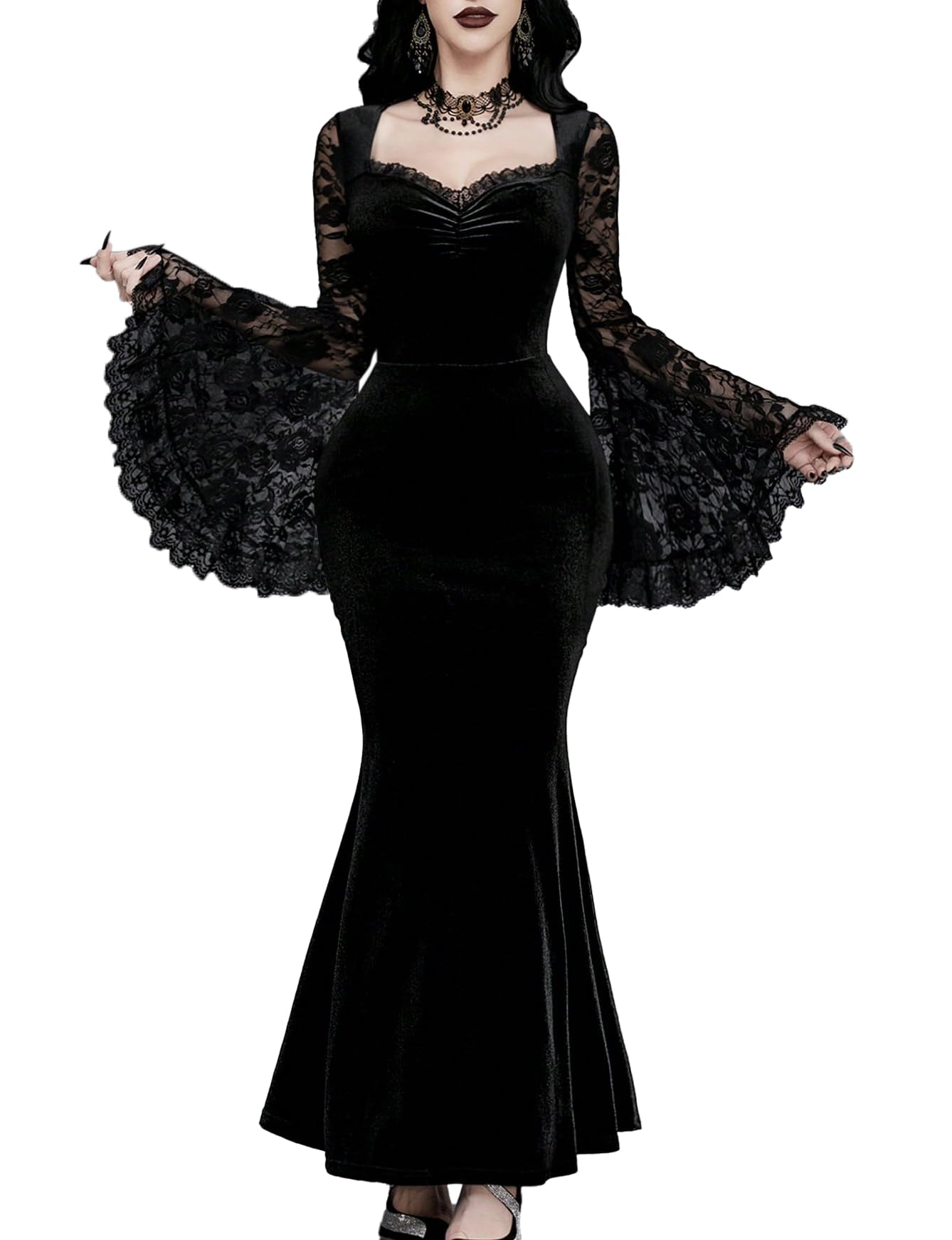 InGoticos Women Gothic Sexy Lace Patchwork Sleeve Fishtail Velvet Goth Dress Without Choker & Umbrella