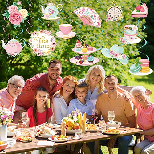 Image of Faccito 53 Pcs Tea Party Decorations Birthday Supplies - Floral Tea Party Birthday Decor Hanging Paper Swirls with Teacup Partea Time Ceiling Decoration for Spring Women Adults Bridal Wedding Favors