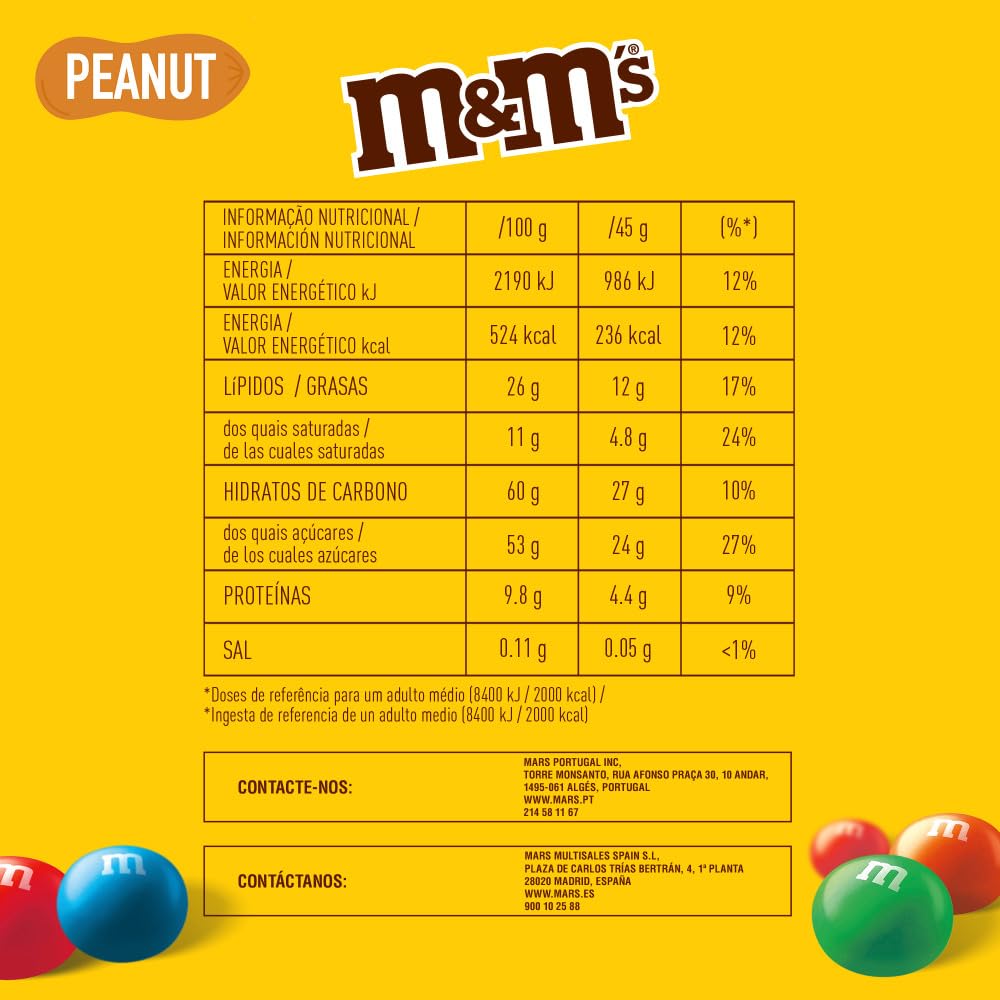 M&M's Peanuts Snack en Bolitas de Colores con Cacahuete y Chocolate con Leche, Pack Ideal para Compartir o Regalar en Navidad, 24 x 45g