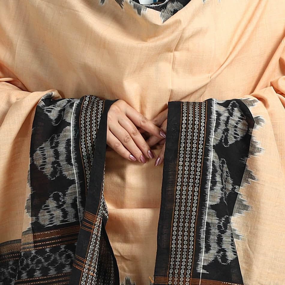 Image of Cotton Dupatta with weaving and Ikat woven border from the Weavers Stole for Girls & Women