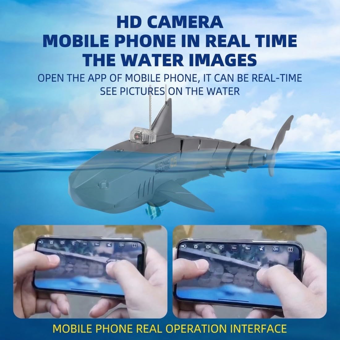 Tiburón teledirigido de 2,4 GHz con cámara APP, barco de tiburón impermeable con doble motor, rotación de 360° y batería recargable, juguete acuático de verano para piscina y lago (azul)