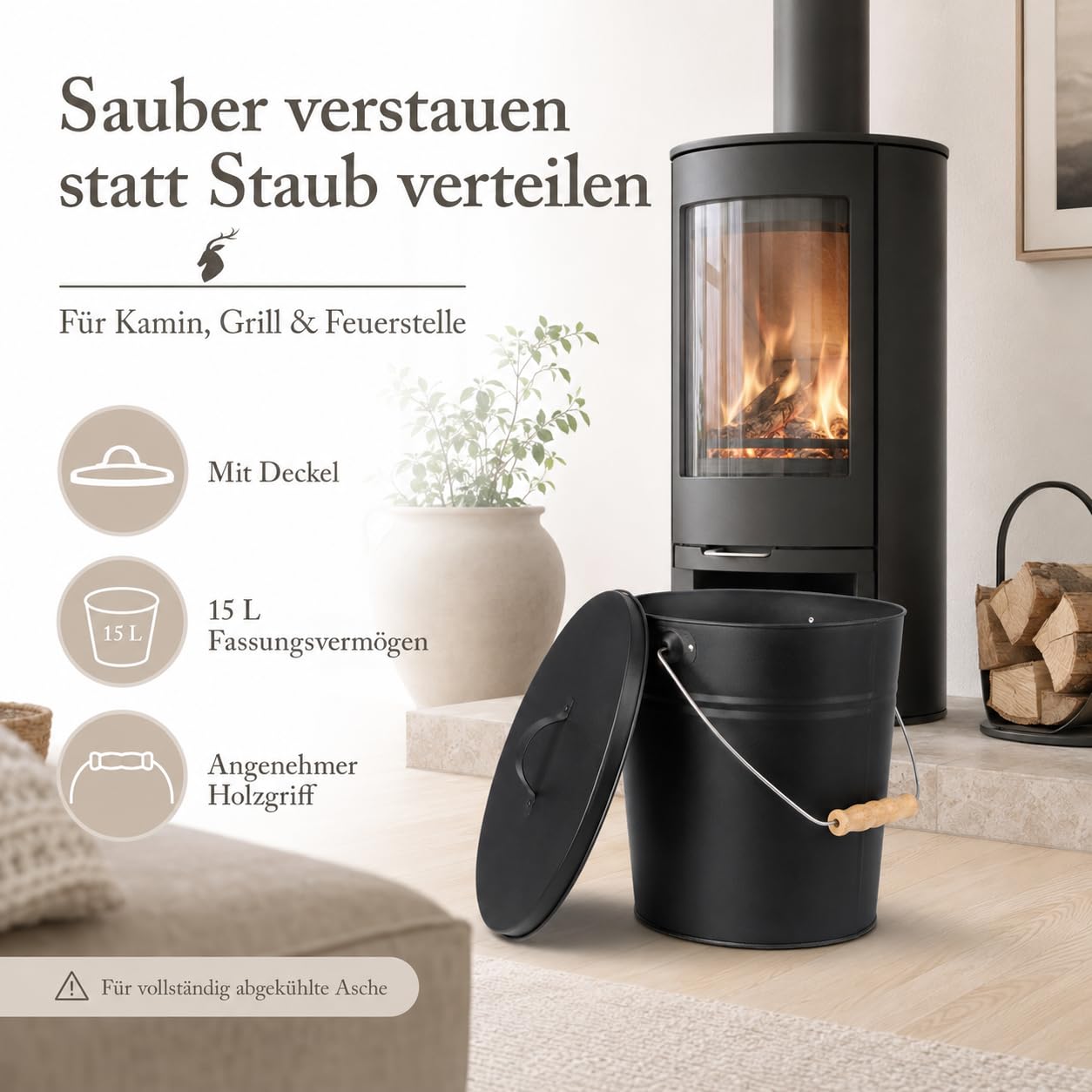 REWU Ascheeimer mit Deckel 15 L, Metalleimer für Kamin & Grill | Stabiler 15 L Metalleimer mit Deckel für vollständig abgekühlte Asche, Kamin, Grillkohle, Briketts & Anzündholz
