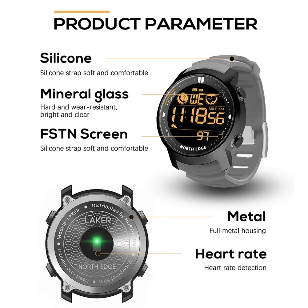 Reloj Deportivo electrónico Reloj de Pulsera Militar Digital a Prueba de Agua Relojes multifunción para Exteriores con brújula Podómetro Cronómetro Monitor de frecuencia cardíaca/sueño (Grey)