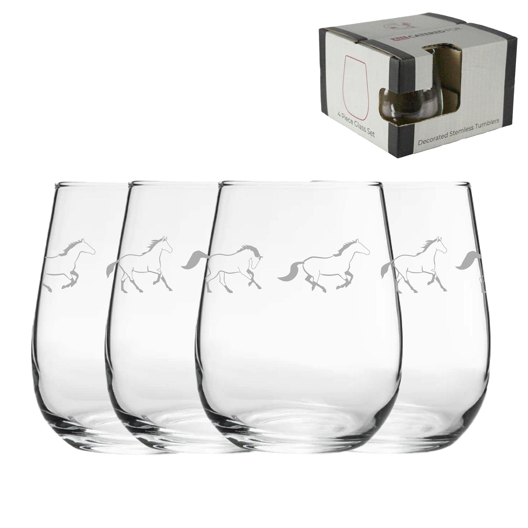 Weingläser ohne Stiel, graviertes Pferde-Muster, 4 Stück, 360 ml Gaia-Gläser, lasergraviert in Großbritannien, Geschenk für sie, Geschenk für Mama, Oma, Muttertag, Geburtstag