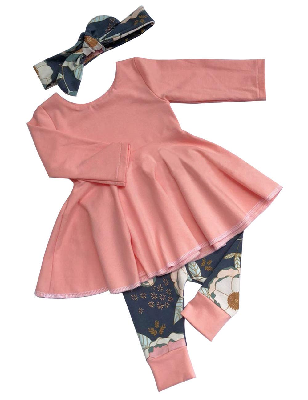 bilisonToddler Baby Girl Clothes Solid Color Ruffle Tops Floral Pants with Cute Headband Outfit Set