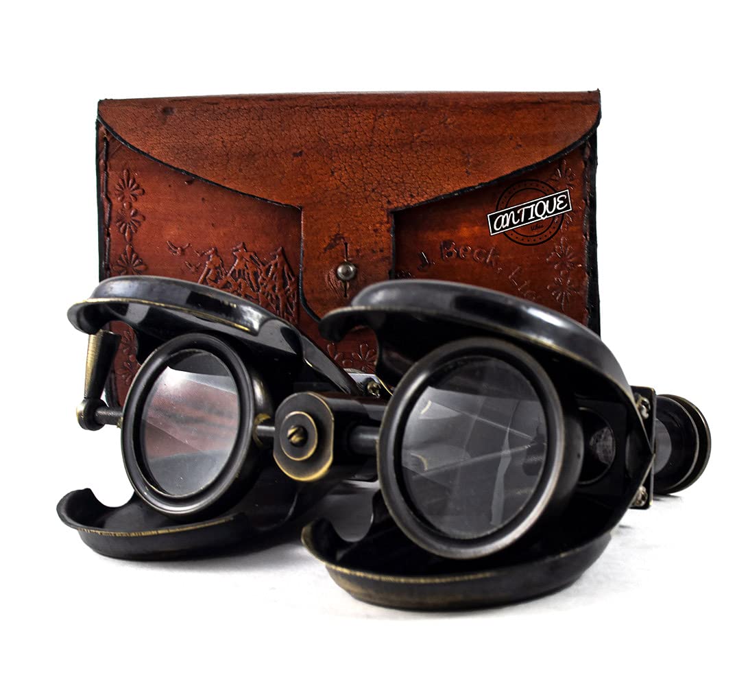 Victorian Antique Brass Engraved Chain Compass in Leather Case & Marine Spyglass Nautical Binocular in Vintage Box.