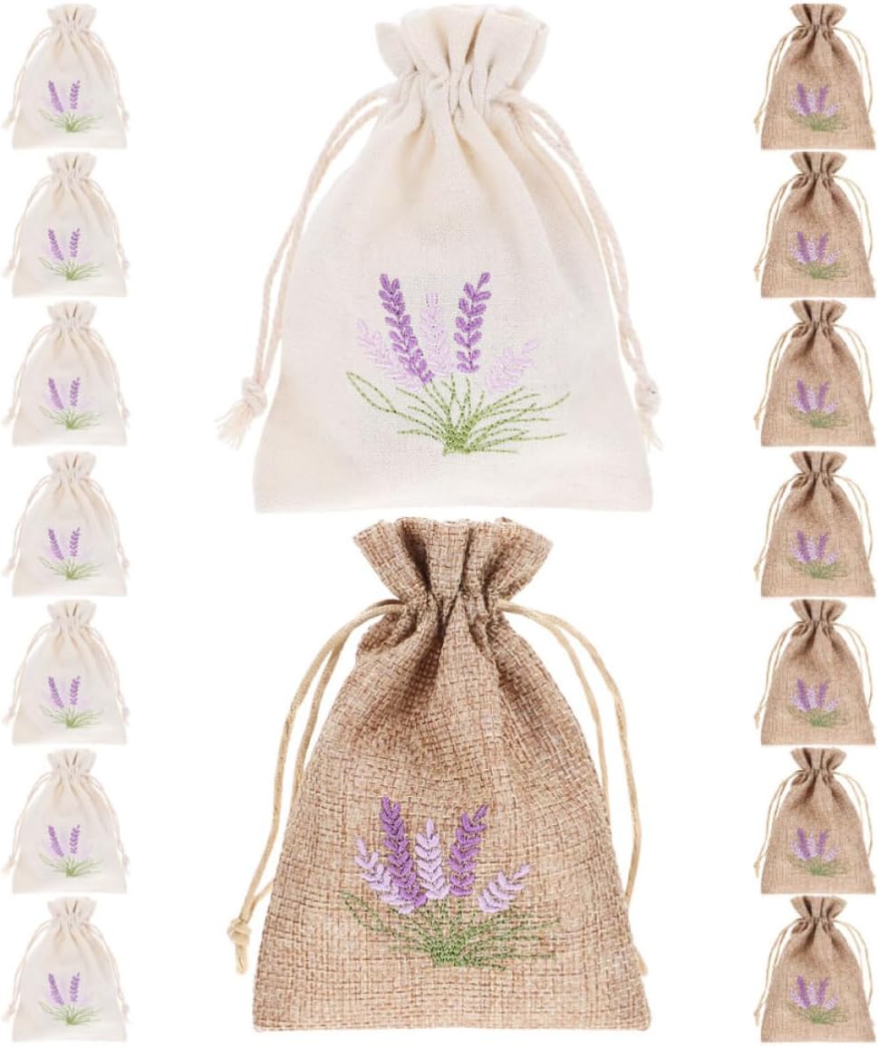 Garneck 16pcs Drawstring Lavender Sachet Bags for Herbs Storage and Dried Lavender, Linen and Canvas Material with Elegant Design, Versatile Use for Wedding Party Favor and Random Color