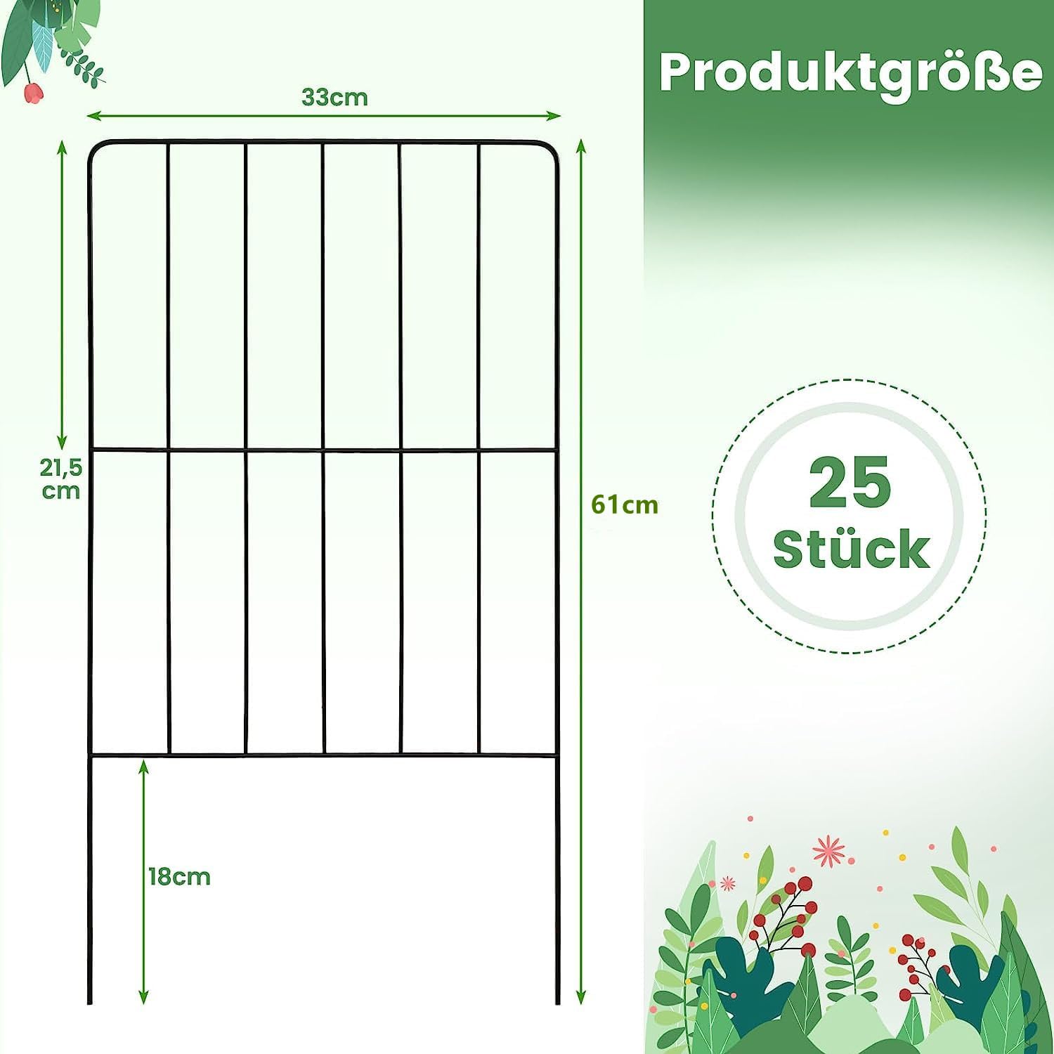 COSTWAY Płotek Ogrodowy 25 Elementów Metalowy, Dekoracyjne Ogrodzenie 60 cm, Płotek Wbijany Bariera dla Zwierząt do Rabat, Trawnika, Oczka Wodnego, Składany, Czarny