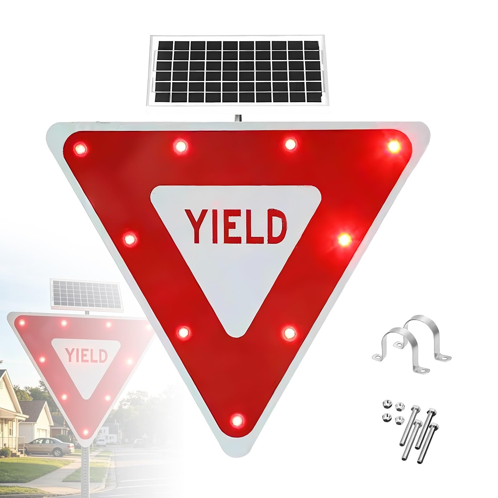 Panneau Solaire LED Clignotant Sécurité Routière 60 et 80 cm Haute Visibilité Réfléchissant Métal pour Passage Piéton Trottoir et Zones Scolaires