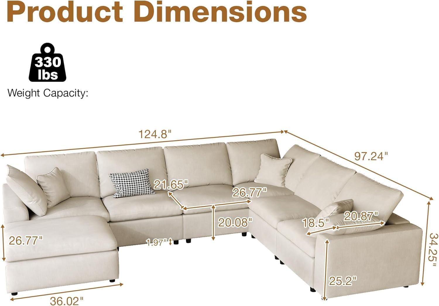 ERYE Oversized Modular Chenille Upholstered Sectional Sofa with Movable Ottoman, 7 Seaters Modular Convertible Couch Spacious Living Room Sofa for Home House Apartment
