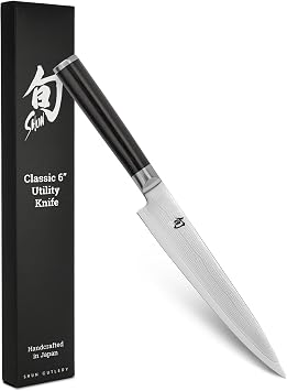 Shun Classic 6 Utility Knife, Handcrafted Japanese Kitchen Knife, VG-MAX Core with Damascus Stainless Steel Cladding, Pakkawood Handle, Precision and Sharpness for Professional and Home Chefs