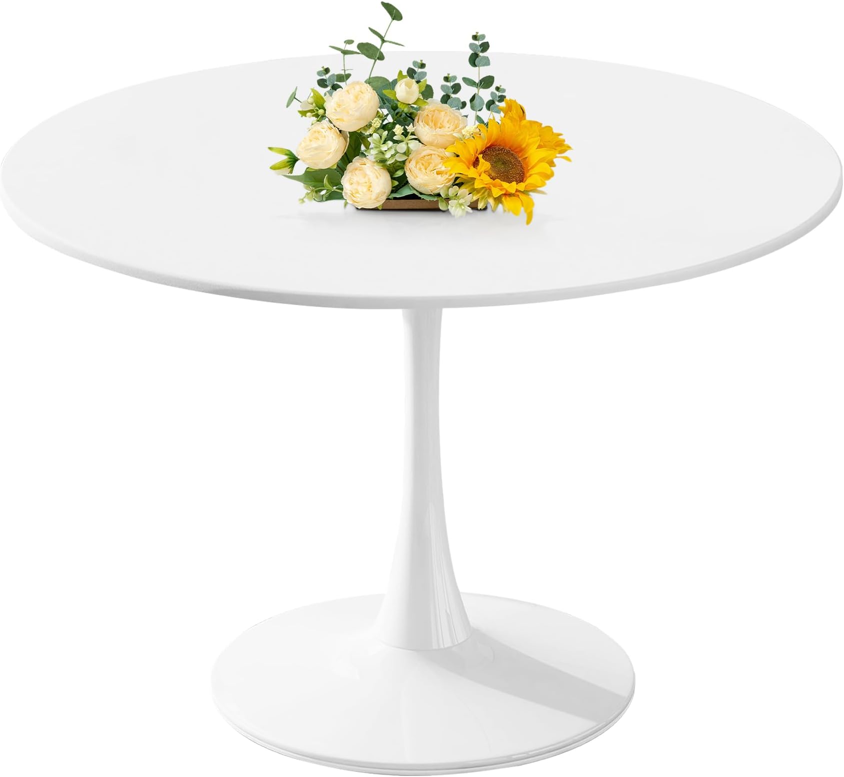 42 Inch Round Dining Table,Mid-Century Tulip Table with Metal Pedestal Base,Modern Leisure Table for Small Space Kitchen Dining Room,Easy Assembly,White