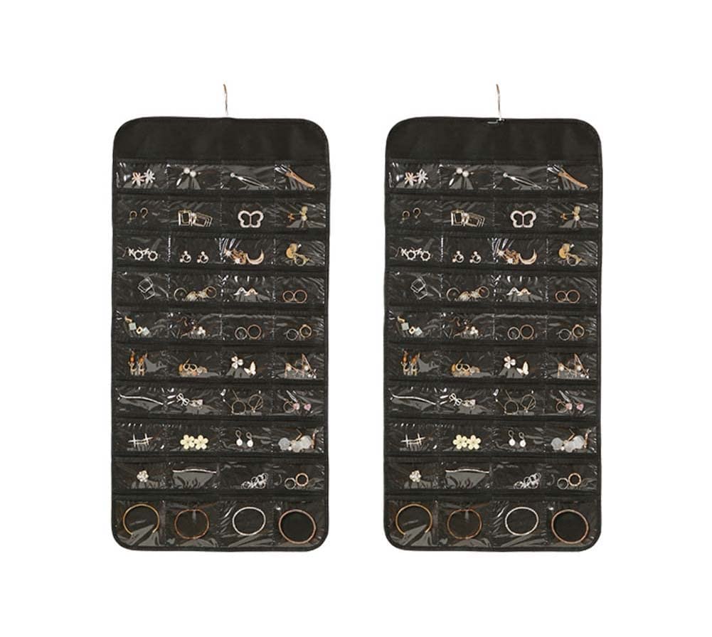 kamuavni Hanging Jewelry Organizer 80 Pockets, Rolling Storage Bag for Earrings Necklace Bracelet Ring Accessory Display Holder,33.9 * 18.9Inch (black)