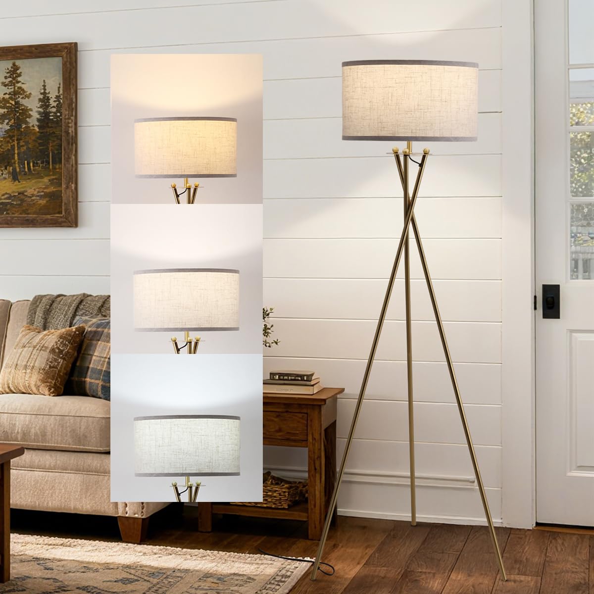 EOEYYOYB Dimmbar Stehlampe Wohnzimmer, 3 Farbtemperatur RGB Stehleuchte, Tripod Stehlampe Wohnzimmer mit Stoffschirm Leinen Beige, Vintage Geeignet für Wohnzimmer Schlafzimmer Büro Hotel