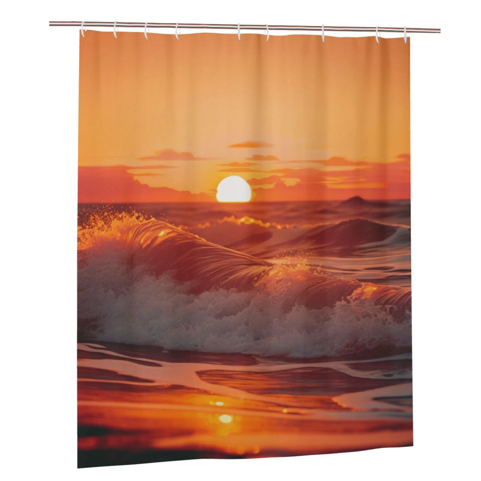 BWWHCCTI sunset with sea waves Printed Shower Curtain With 12 Plastic Hooks Opaque Quick Drying Waterproof Shower Curtains Sets For Bathroom 152x183 Cm