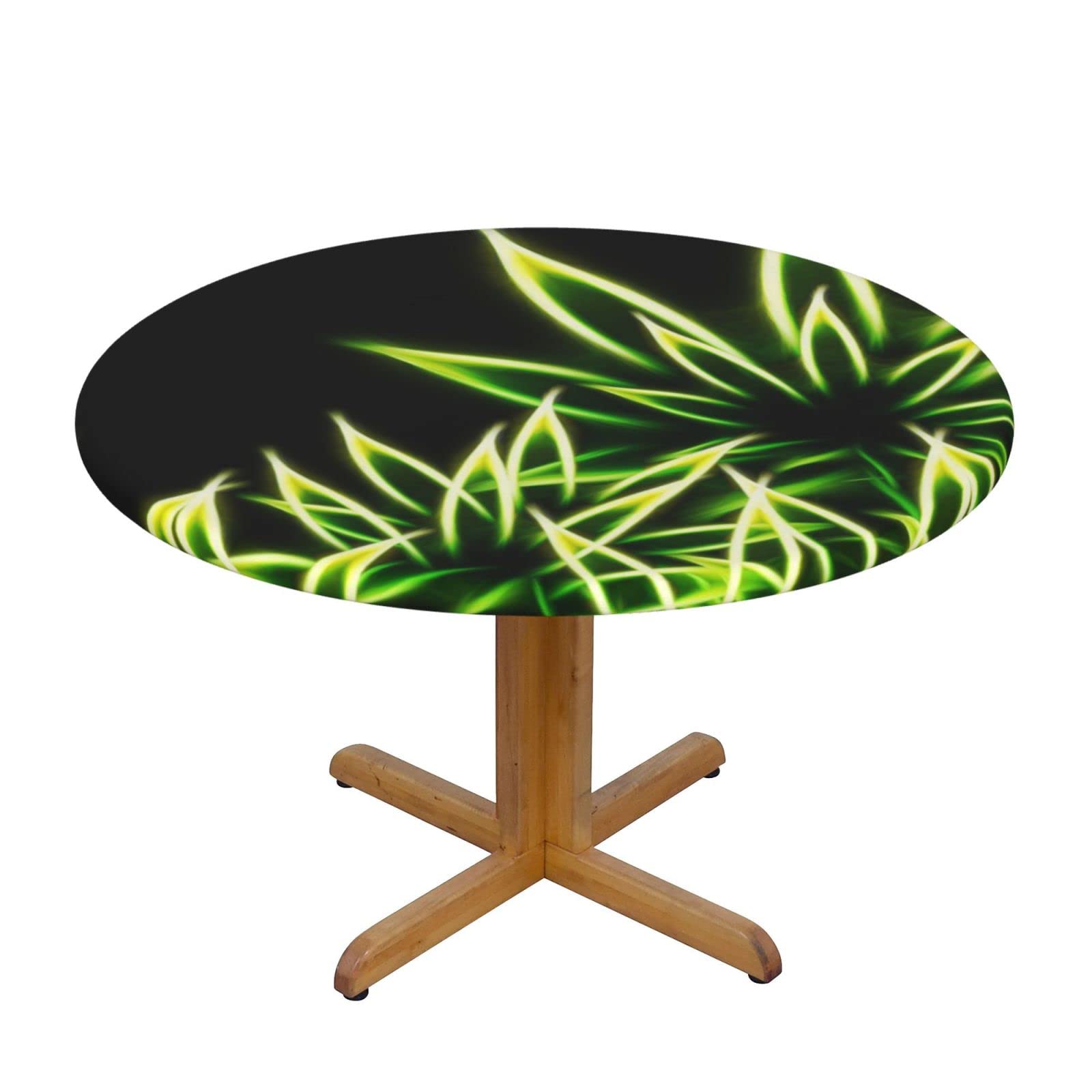 Lsjuee Round Fitted Tablecloth 40-44in Elastic Edged Table Cloth for Kitchen Dining Party Home Decor - Neon-Cannabis Psychedelic Green
