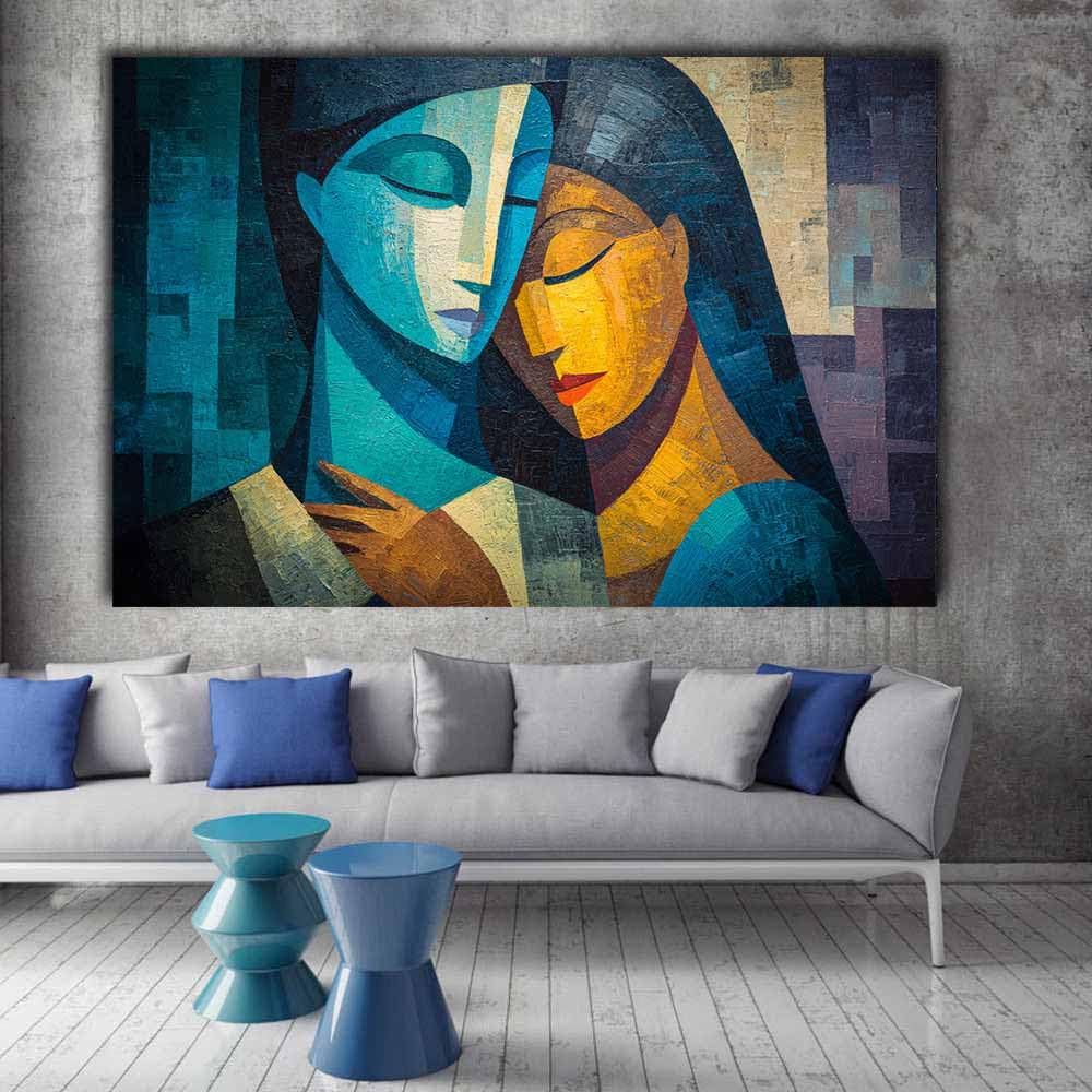 WUFIEA Ogólny abstrakcyjny obraz na płótnie niebieski i żółty uścisk do salonu sypialni biura dekoracja (granatowy 20) - 40 x 60 cm oprawiony