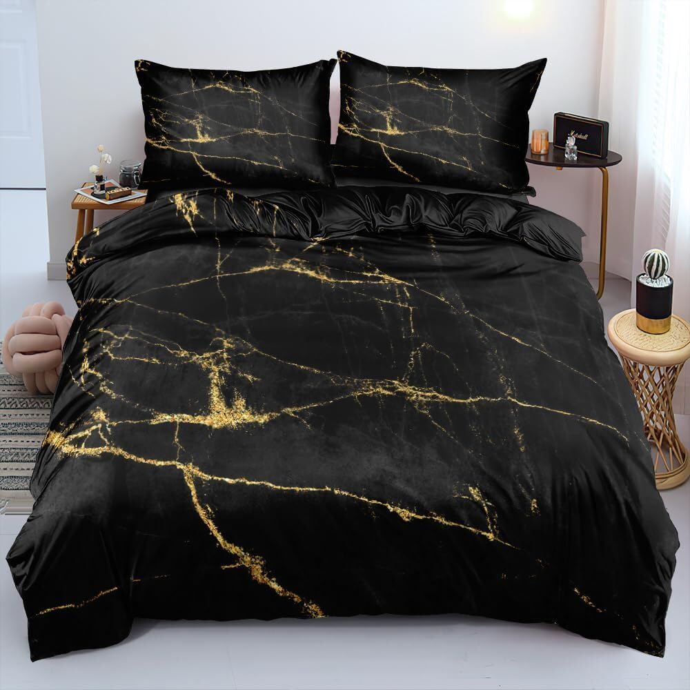 Luowei Bettwäsche 200x220cm Schwarz Golden Textur Marmor BettwäSche Set 3D Drucken Mikrofaser Bettbezug und 2 Kissenbezug 80x80cm mit Reißverschluss