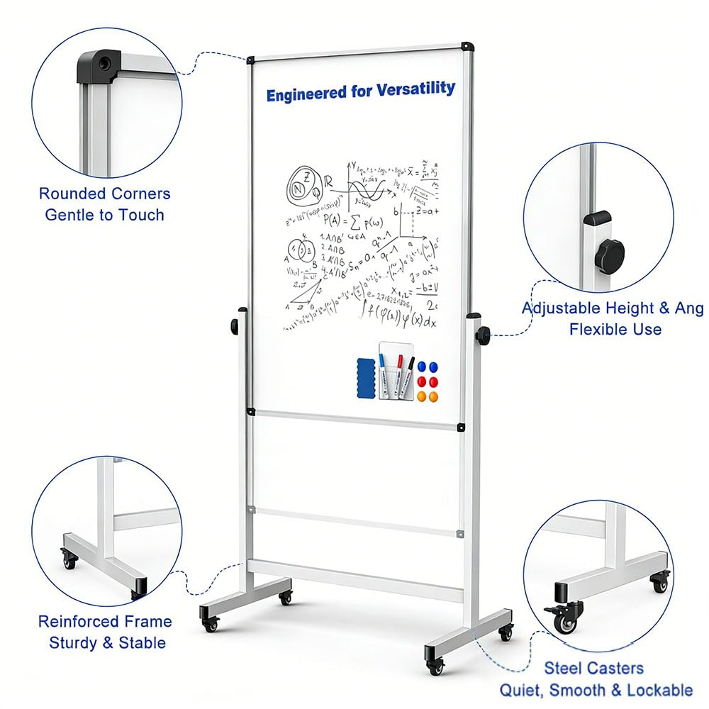 Pizarra Blanca Móvil de Doble Cara con Soporte Ajustable,Superficie Magnética Borrable,Incluye Rotuladores y Accesorios,para Oficina, Aula, Hogar