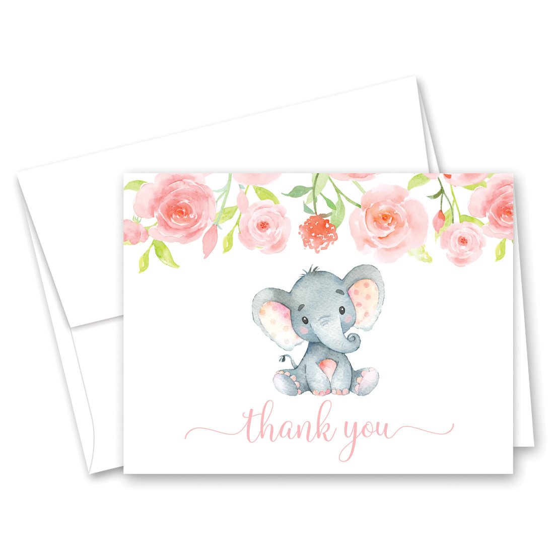50 różowych akwareli kwiatowy słoń baby shower kartki z podziękowaniami + koperty