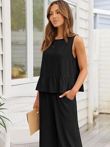 Miniatura 5 de AUTOMET Conjunto de 2 piezas de verano para mujer, camisetas cortas de lino, conjuntos a juego y pantalones largos de chándal 2024