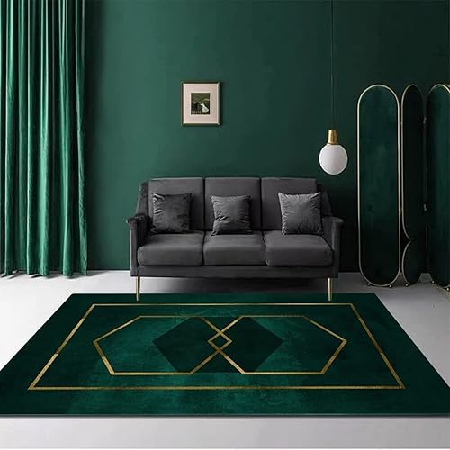 Miniatura 3 de Alfombra de lujo verde esmeralda, alfombra grande con estampado de líneas doradas, antideslizante para interiores, para niños, lavable a máquina,