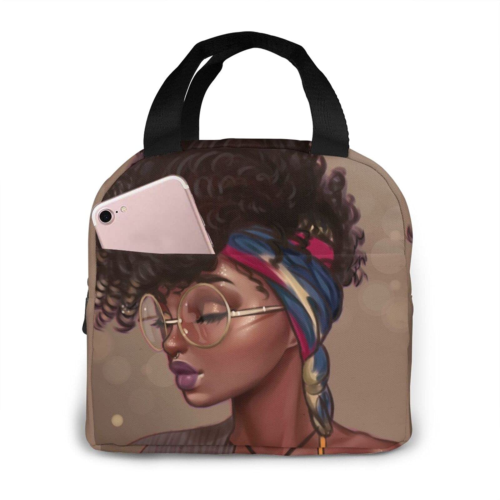 Duduho African American Black Girl Lunch Bag Compact Tote Bag Reusable Lunch Box Container For Women Men School Office Work