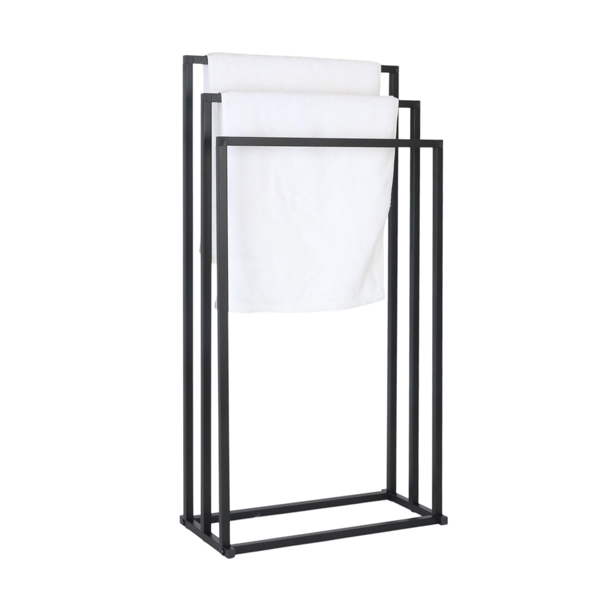 Relaxdays Portasciugamani, AxLxP: 84 x 44 x 21,5 cm, Metallo, 3 aste, da Terra, Bagno, Nero, da