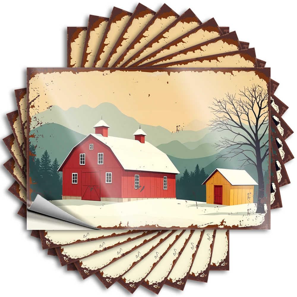 Snowy Winter Scene with Red Barn and Yellow Shed Case Affirmation - Necessities Tattoo Self Adhesive Sticker(8X12CM)