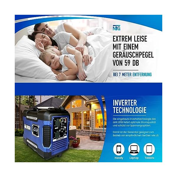 Stromerzeuger GNR.2050 | Strom Generator | Benzin | 4l Tankvolumen l 4-Takt Motor l Inverter l mit Tragegriff l Ölsensor & Eco-Modus l leise: 59 dB(A) l Notstromaggregat l Stromaggregat – Bild 3
