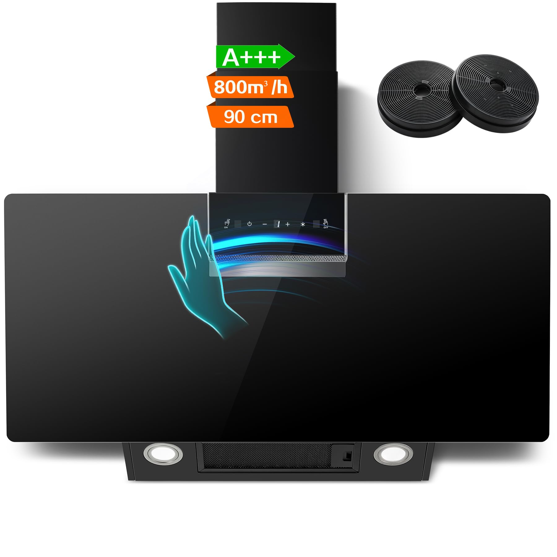 SNDOAS Campana Extractora 90 cm, 800 m³/h, Clase Energética A+++, 3 Velocidades + Modo Turbo, Panel Táctil, Gesture Control, Filtro de Carbono Activado, Recirculación/Extracción, Negro