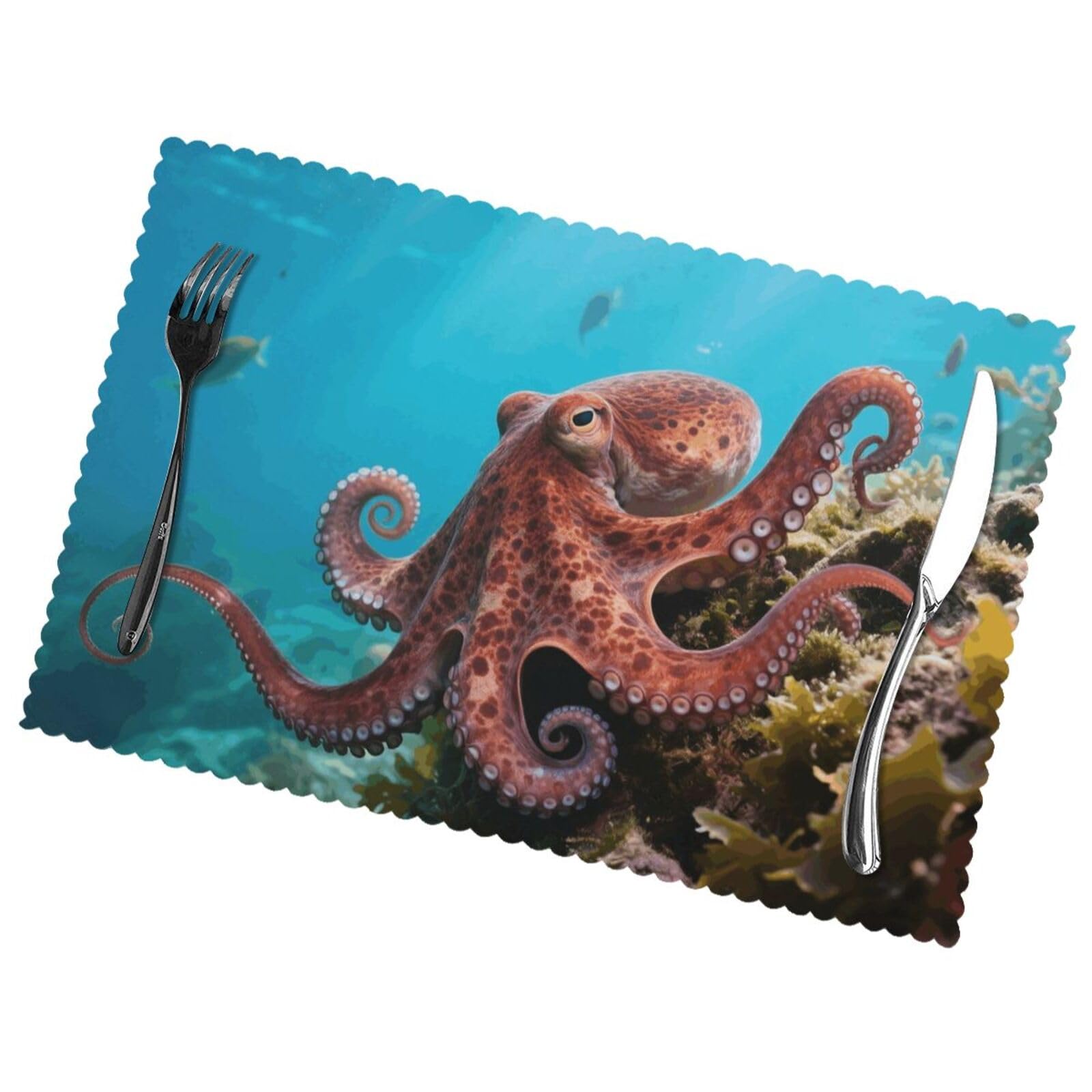 12x18 Inchplacemats Set of 6, Octopus Place Mats for Kitchen Dinning, Heat Resistant Anti Slip Table Mats, Waterproof Washable Placemat for Indoor Outdoor Party Kitchen Dining Table Décor