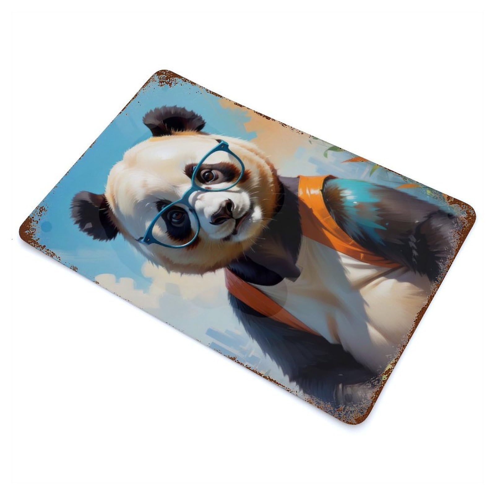 Cute Panda Oil Painting Rustic Tin Plaque 11.8"x7.9", Farmhouse Wall Decor for Shed, Workshop And Garage Wall Decor