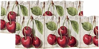 Cherry Valances for Windows 2 Pack, Fruit Watercolor Vintage Wood Texture Rod Pocket Valance Curtain Window Treatment Curtains for Kitchen Over Sink Living Room Bedroom Bathroom