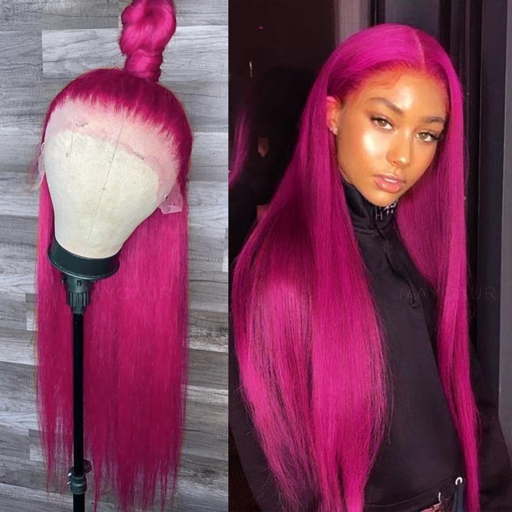 Maycaur Long Straight Hot Pink Lace Front Wigs Pre Plucked Hairline Glueless Hair Rose Red Synthetic Lace Front Wigs for Fashion Women Heat Resistant Fiber: #Rose Red