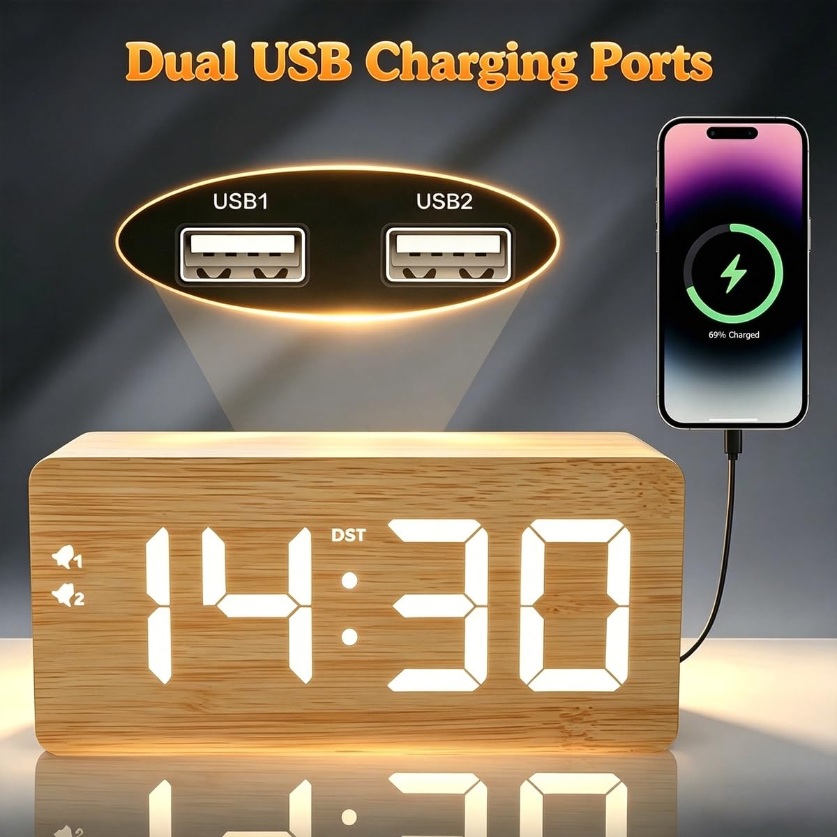 URAYCO Réveil numérique en bois avec chargeur sans fil rapide 10 W, ports de charge USB, DST, intensité variable, répétition, grand affichage LED pour chambre, bureau, table de salon, table de chevet