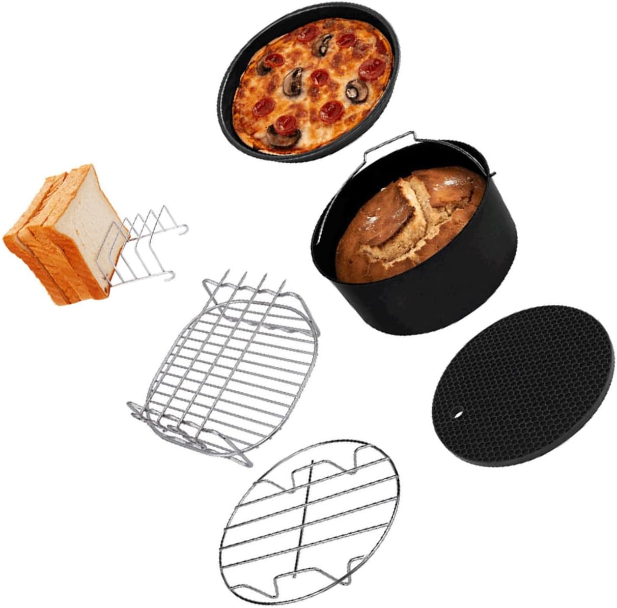 PRETYZOOM 6pcs Air Fryer Pot Kit Baking Pan Cake Pan Pizza Rack Lid Grill Tools Easy Clean for Kitchen