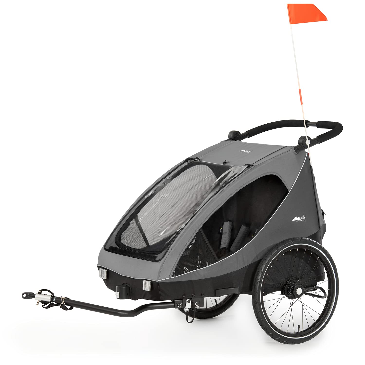 hauck Remolque Bicicleta Niños 2 Plazas Dryk Duo - Carro Bici Infantil Completo desde 6 Meses hasta 22 kg - Enganche Incluido - Silla de Paseo Gemelar Maletero XL - Plegable - Gris