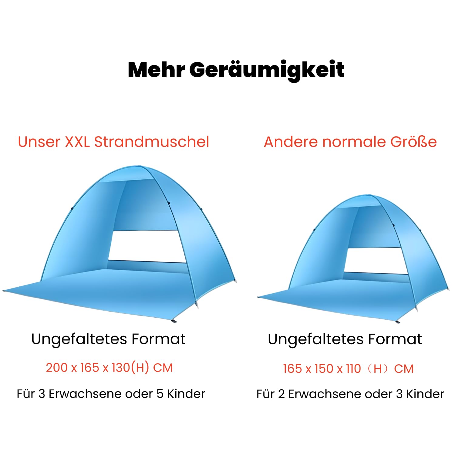 XXL Pop Up Namiot duży dla 3-5 osób ochrona UV UPF 50+ 200 cm × 165 cm × 130 cm muszla TARENT