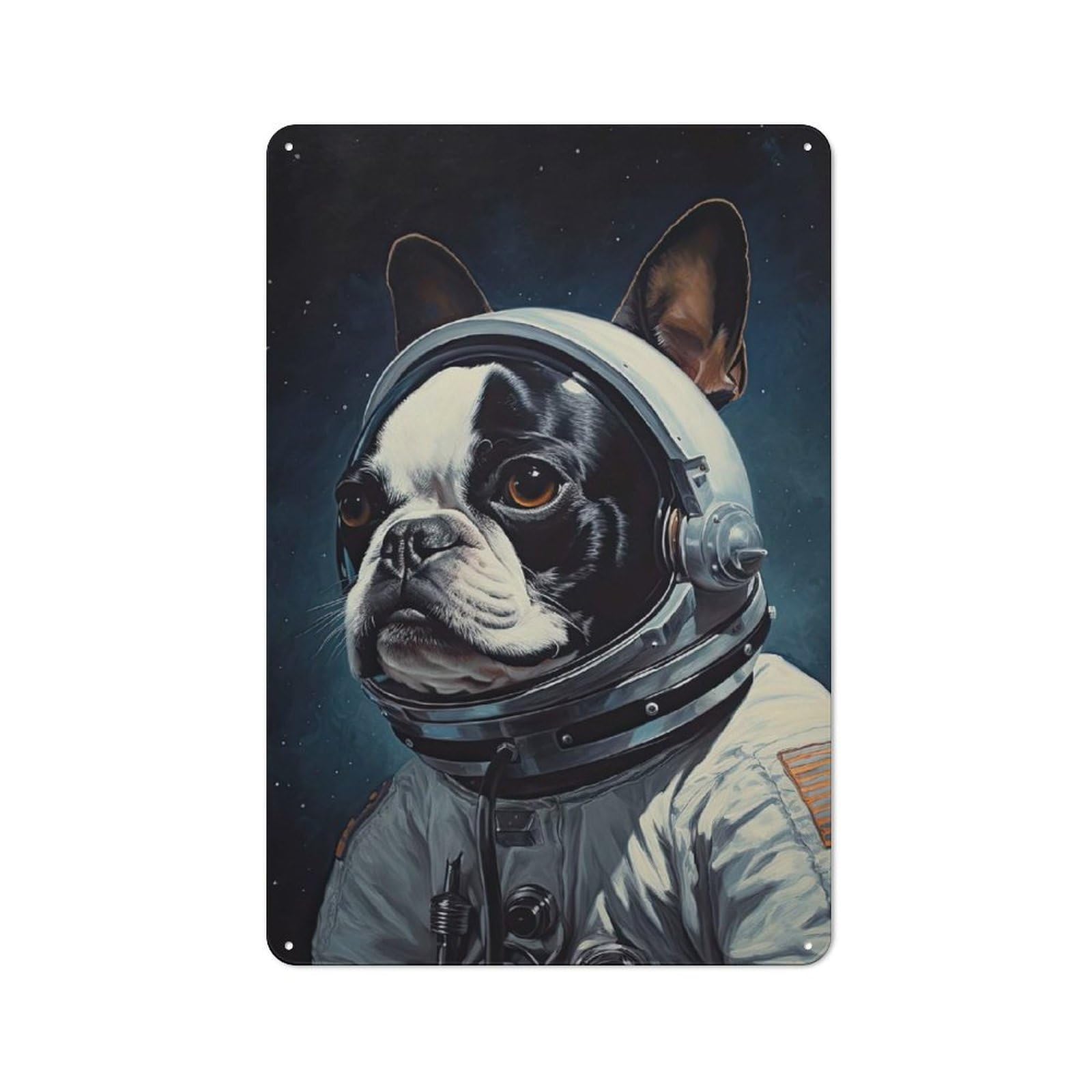 Junmoney Style-6 Tin Sign 30X20cm With Boston Terrier Astronaut For Living Room Wall, Rustic Decor, For Living Room Decor Lovers
