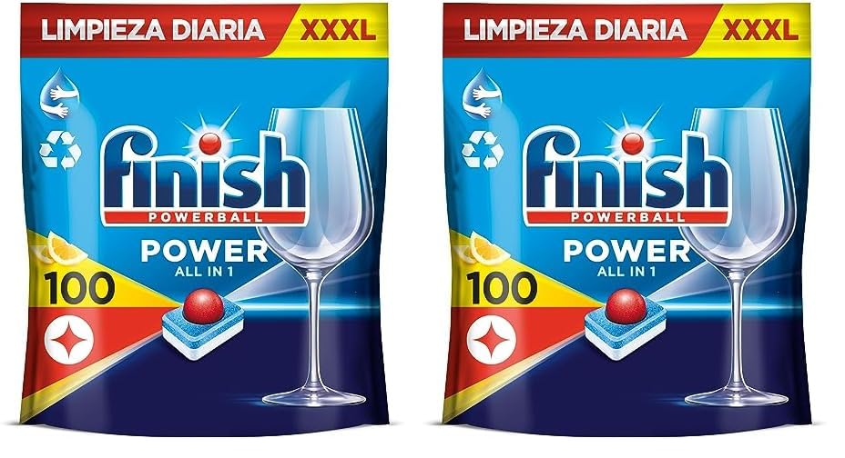 Finish Powerball Power All in 1 Pastillas para el lavavajillas Limón, 100 pastillas (Paquete de 2)
