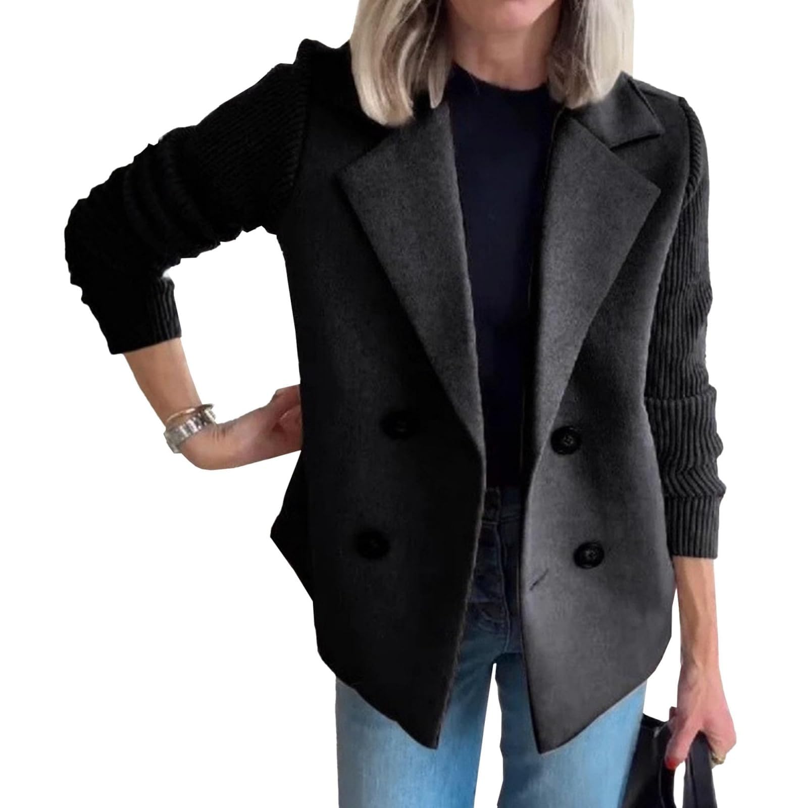 Womens Lapel Button Knitted Jackets Patchwork Sleeve Casual Coat Dressy Cropped Sweater Blazer Business Work Coats