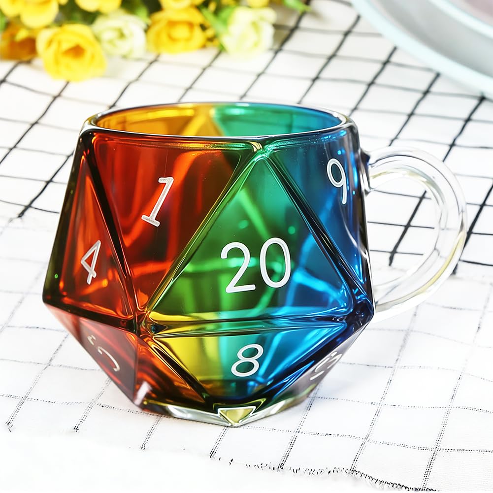 DASIAUTOEM Filiżanka do kawy z wielościenną kostką, D20, ceramiczna, 350 ml, z uchwytem, prezent dla fanów RPG i fantasy