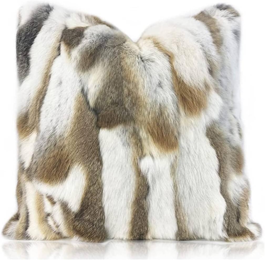 Genuine Natural Fur Pillow Covers, Real Rabbit Fur 20x20 Throw Pillows, Super Soft Silky Pillowcase, Animal Skin Cushion Cover for Couch Sofa Living Room Bedroom Decor, Brown White