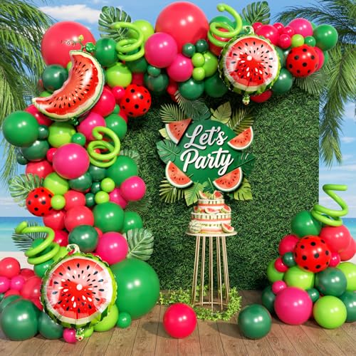 134pcs Watermelon Balloon Arch with Red Green Hot Pink Watermelon Balloons for One in a Melon Birthday Party Decorations