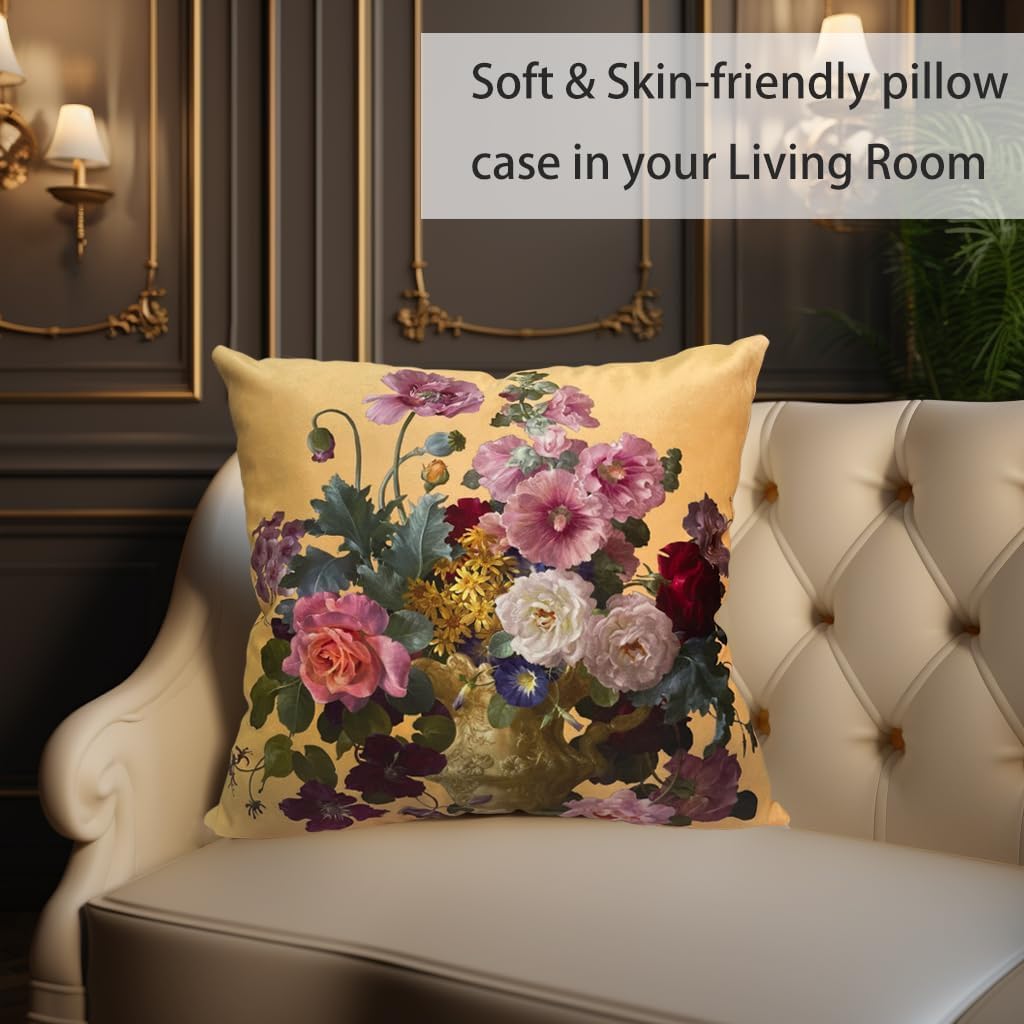 Vintage Floral Pillow Cover 26x26 Inch, Victorian Style Mixed Flower Bouquet Oil Painting Print on Mustard Yellow Background, Classic Throw Pillow Case for Living Room Sofa Bedroom Decor